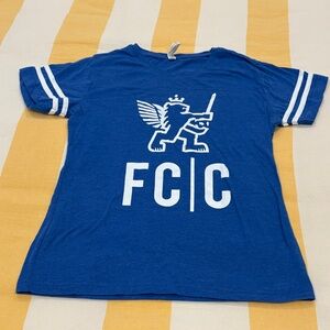 Blue Graphic Women's Tee with White Stripes